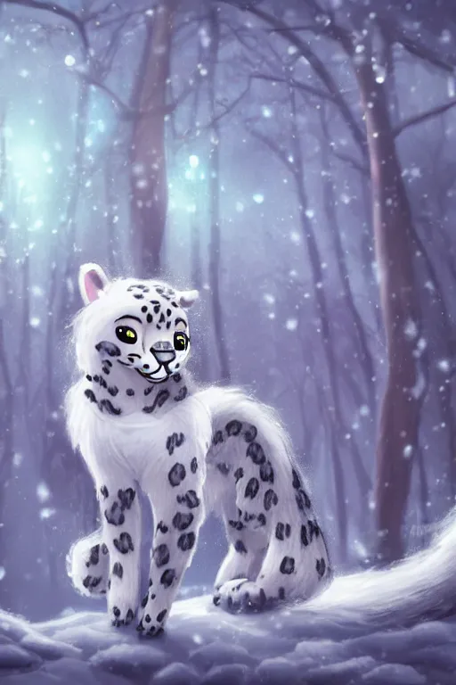 Image similar to a pretty medieval anthropomorphic snow leopard with a fluffy tail in the forest, comic art, trending on furaffinity, cartoon, kawaii, backlighting, furry art!!!, radiant light, bokeh, trending on artstation, digital art