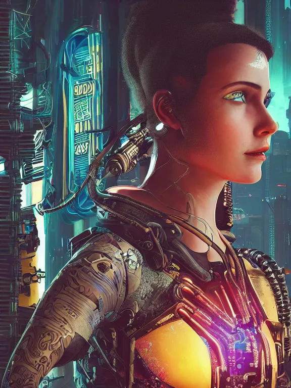 Prompt: a cyberpunk 2077 illustration portrait of A veiled female android queen kneel and pray with lots of complex mess of cables and wires behind them connected to giant computer,bowknot, fine lace, GUCCI, glittering, jewel embellishment, film lighting, by Artgerm,Lawrence Alma-Tadema,William Morris,Dan Mumford, trending on atrstation, full of color, mythological, high detailed,golden ratio,cinematic lighting