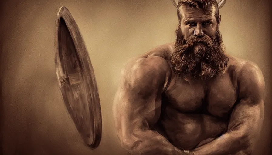 Prompt: handsome portrait of a viking guy bodybuilder posing by jama jurabaev, trending on artstation, high quality, brush stroke