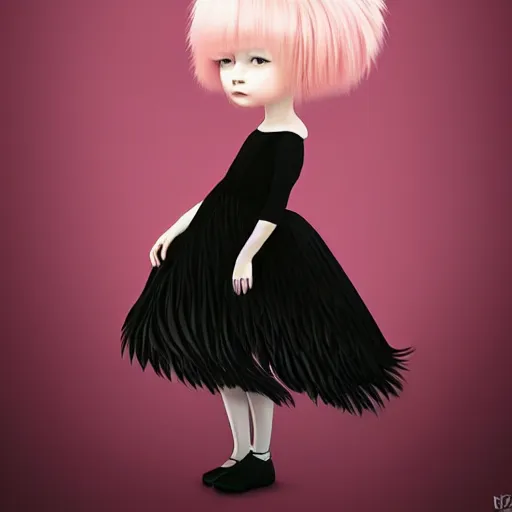 Image similar to little girl with an pink bizarre haircut wearing an dress made of black feathers, artwork made by ilya kuvshinov