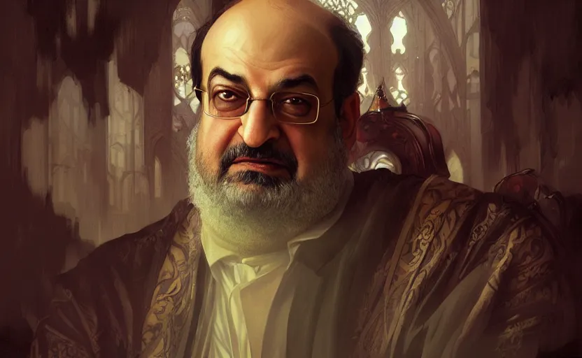 Image similar to portrait of salman rushdie, deep focus, d & d, fantasy, intricate, elegant, highly detailed, digital painting, artstation, concept art, matte, sharp focus, illustration, art by artgerm and greg rutkowski and alphonse mucha