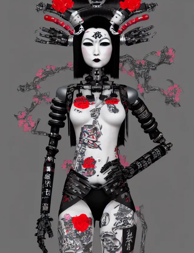 Prompt: full body portrait of a gothic style punk geisha robot with kanji tattoos and decals wearing a digital pixelated kimono, intricate design, photo - realistic, octane render, ultra fine detailed, character design, trending on artstation