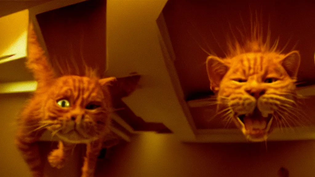 Image similar to a strange Garfield crawls on the living room ceiling, film still from the movie directed by Wes Anderson with art direction by Zdzisław Beksiński, wide lens