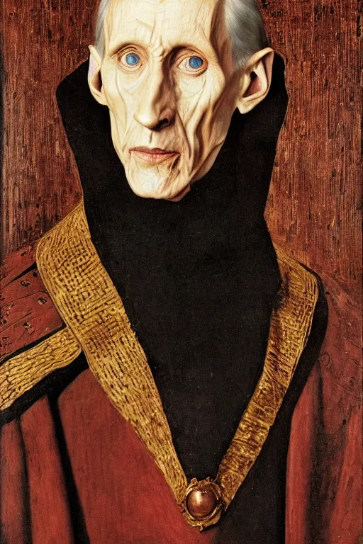 Image similar to portrait of grand moff tarkin as a sith lord, oil painting by jan van eyck, northern renaissance art, oil on canvas, wet - on - wet technique, realistic, expressive emotions, intricate textures, illusionistic detail