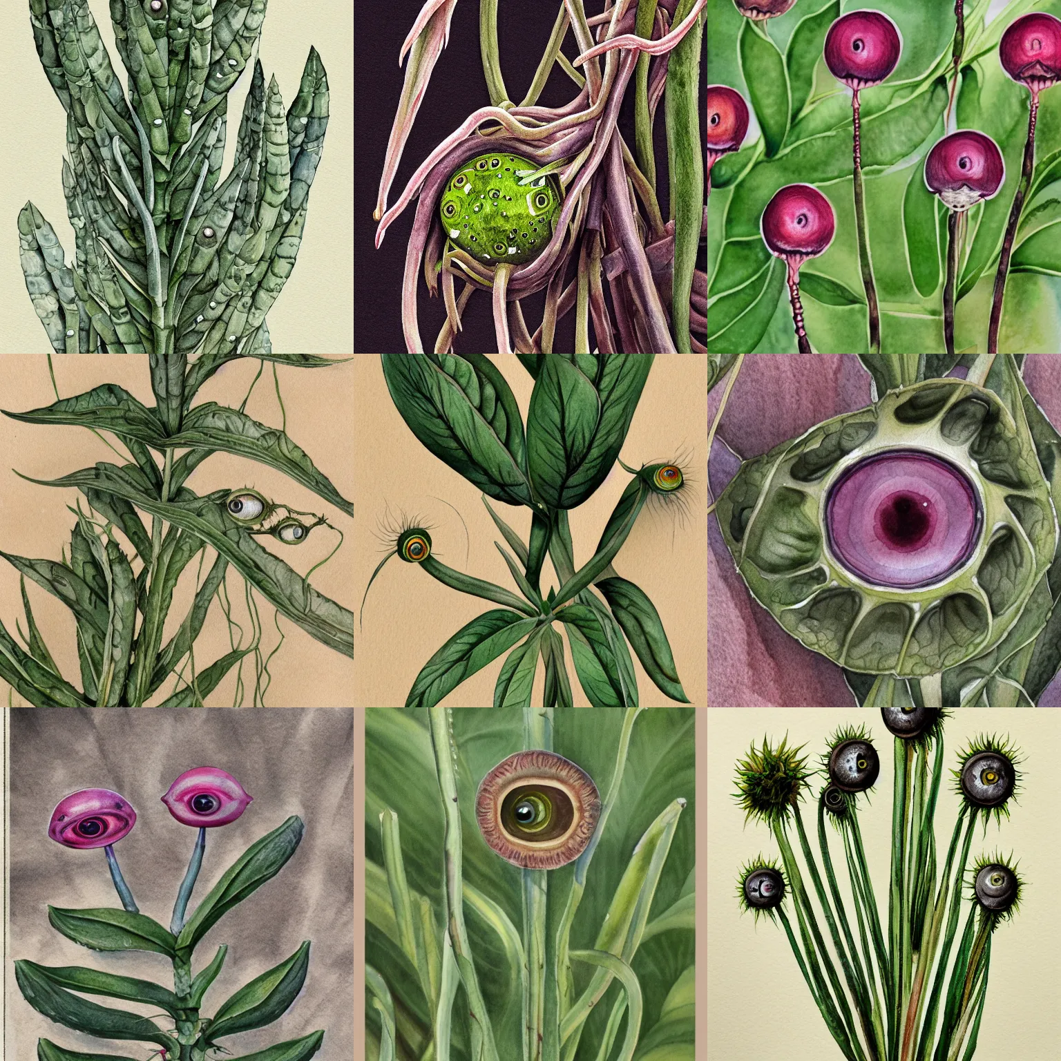 Prompt: A plant with human eyeballs at the end of its stalks. 8k high resolution, extremely detailed. Naturalistic watercolor botanical illustration.