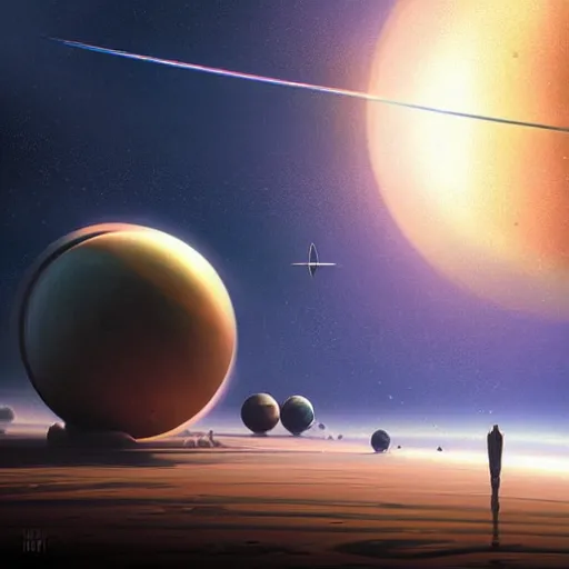 Image similar to an artist's rendering of a solar system, concept art by christopher balaskas, cgsociety, space art, concept art, sci - fi, reimagined by industrial light and magic