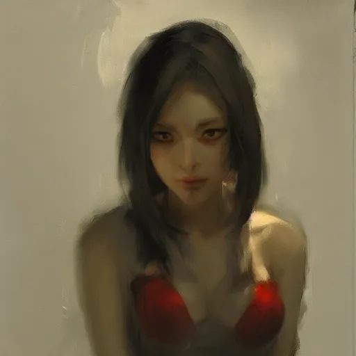 Prompt: greg manchess painting of an anime woman, direct flash photography at night, ruan jia