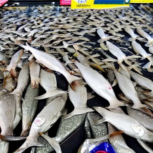Prompt: pile of dead fish on supermarket checkout, very detailed waiting to be scanned by till assistant