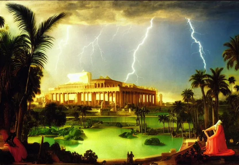 Image similar to Palace floating in the sky, refracted sparkles, thunderstorm, greek pool, beach and palm trees on the background major arcana sky, by paul delaroche, hyperrealistic 4k uhd, award-winning, very very very detailed