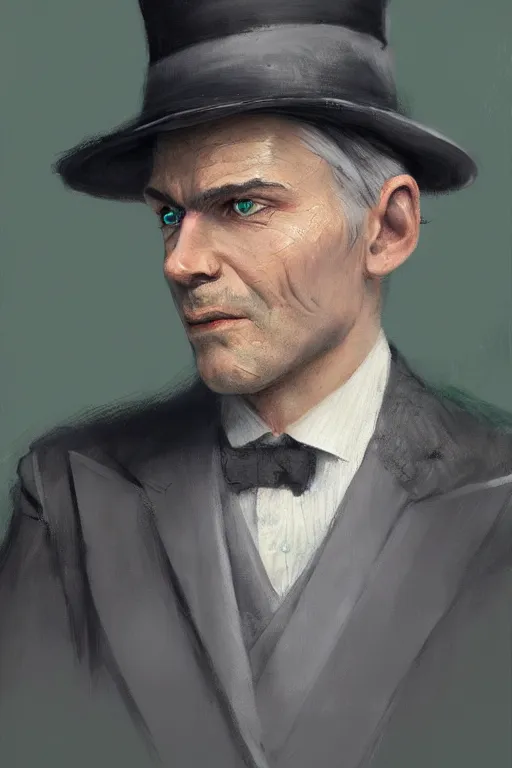 Image similar to a grey hair old halfling green eyes with stubble top hat and suit by Greg Rutkowski, painting, portrait, HD, high details, trending on artstation