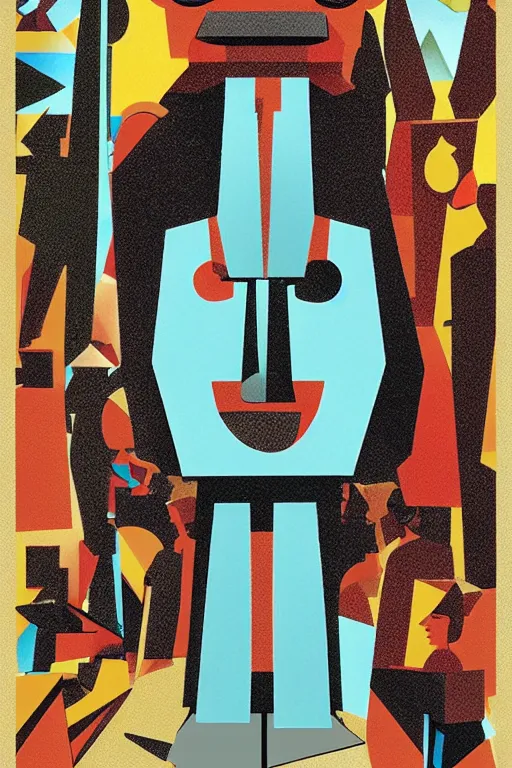 Image similar to cubist moai statue cutout digital illustration cartoon colorful beeple