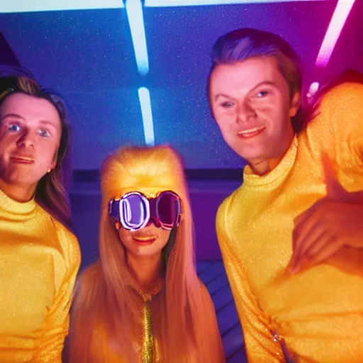 Image similar to first-person perspective closeup view of three people wearing shiny skiwear having a party inside of a 1970s luxury bungalow with a rectangular infinity mirror on the wall, at dusk, ektachrome photograph, f8 aperture