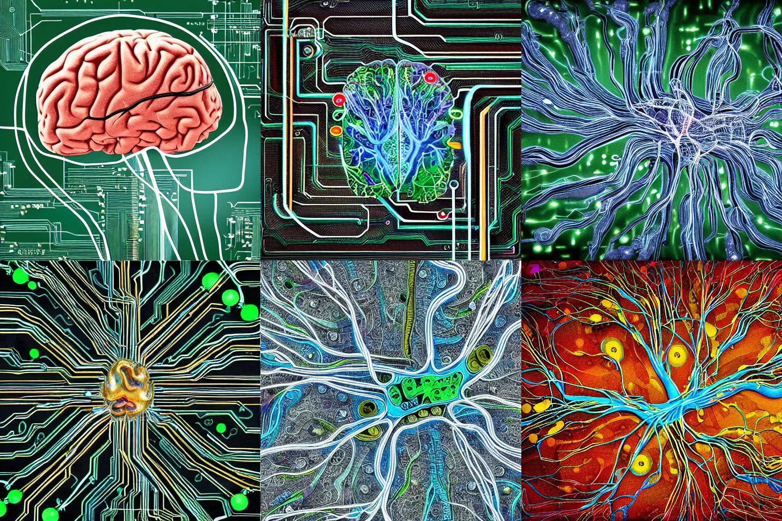 Prompt: integrated circuit, human brain, neurons and synapses, printed circuit board, detailed, realistic, in style of digital painting