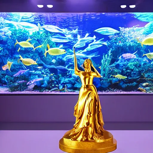 Image similar to a golden statue of a princess near a aquarium, studio lighting, award-winning photograph