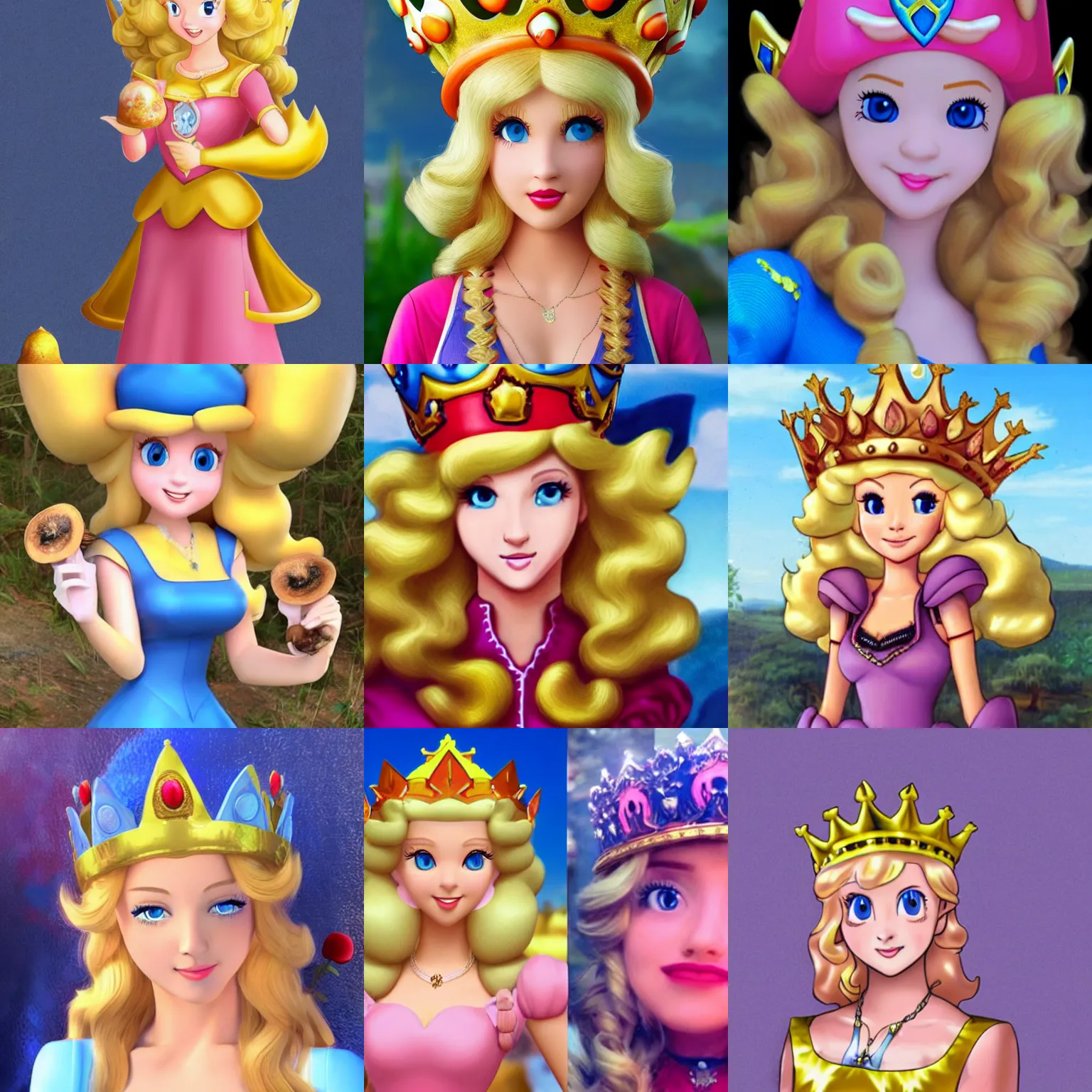 Prompt: Photo of Princess Peach as a real human, blond hair, blue eyes, golden crown, and holding a Mushroom