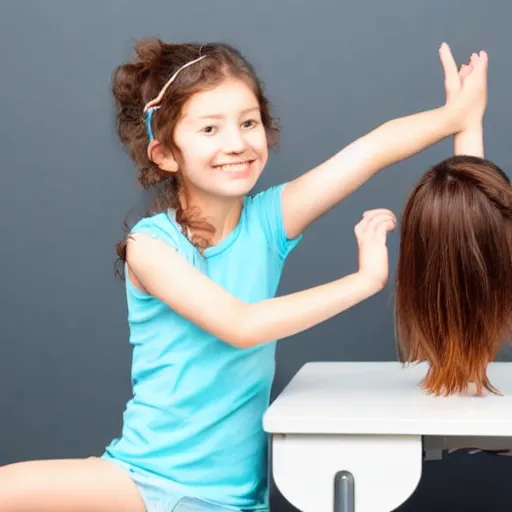 Image similar to girl with elbow on a desk and hands draging back hair on the head sitting on a chair