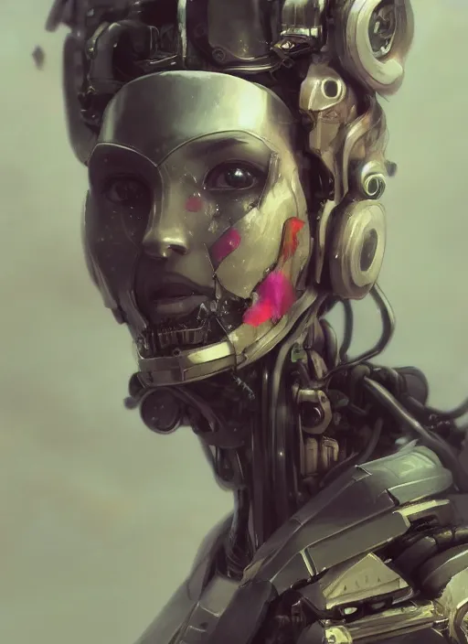 Image similar to matte painting, by yoshitaka amano, by ruan jia, by conrad roset, by good smile company, detailed anime 3d render of a female mechanical android, portrait, cgsociety, artstation, quirky mechanical costume and grand headpiece, surreal mystical atmosphere