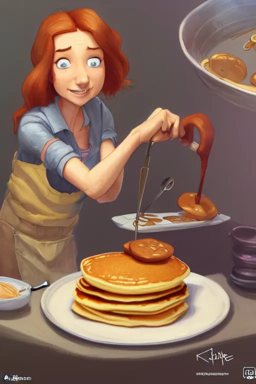 Image similar to katherine taubert making pancakes, animation pixar style, by pendleton ward, magali villeneuve, artgerm, rob rey and kentaro miura style, golden ratio, trending on art station