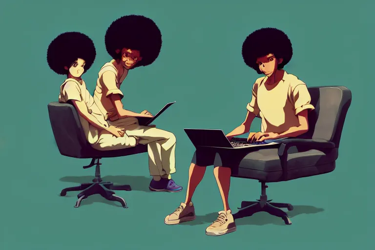 Image similar to a young afro man sitting on a sofa working on a laptop, wide angle shot from above, golden curve composition, animation portrait concept art, style of makoto shinkai, xision, james jean and peter mohrbacher, studio ghibli, artgerm, karol bak, dan mumford, 4 k hd, animation style