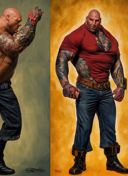 Prompt: full body and head portrait of martyn ford wearing a trench coat vs dave bautista as juggernaut, painted by norman rockwell and phil hale and greg staples and tom lovell and frank schoonover and jack kirby