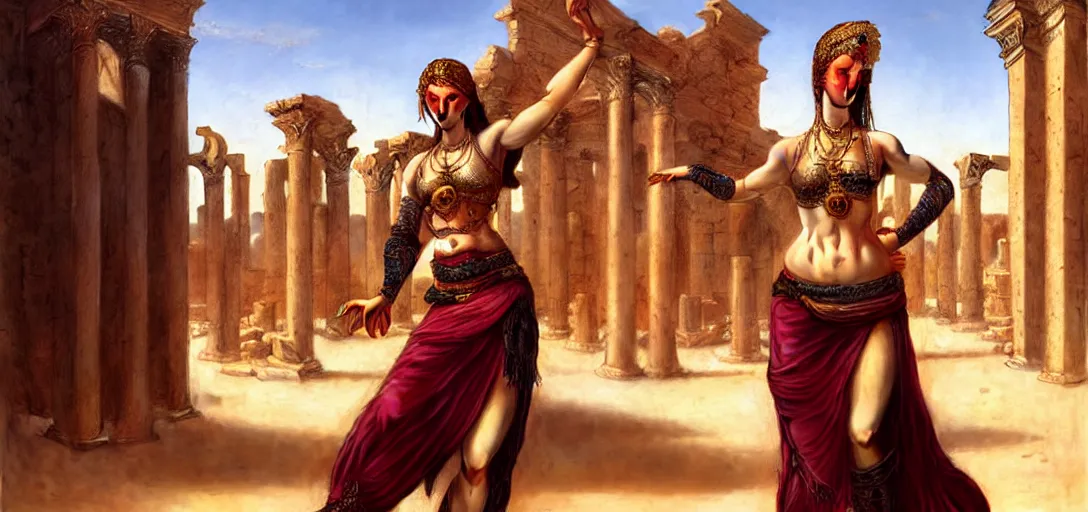 Image similar to renaissance full body portrait of female bellydancers in the desert among ancient ruins, lean and toned, cute face, d & d, intricate, elegant, highly detailed, digital painting, artstation, concept art, matte, sharp focus, illustration, art by da vinci, artgerm and greg rutkowski and alphonse mucha