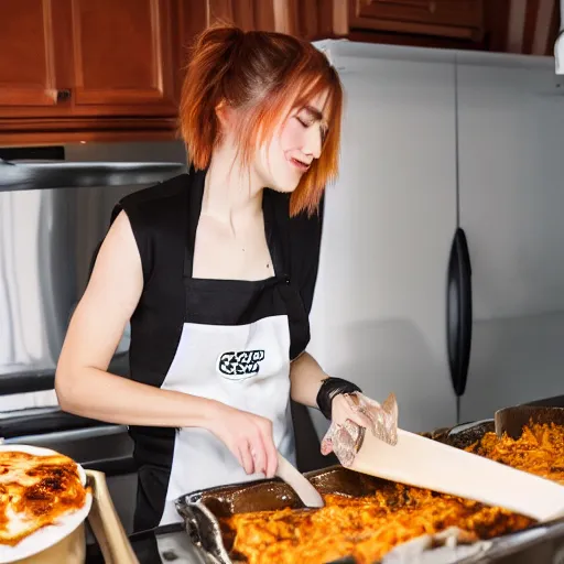 Prompt: hailey williams from paramore cooking lasagna, candid, 4 k