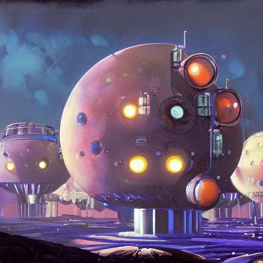Prompt: a dark and colorful close - up of a sci - fi moon base with led lights glowing fog in the background. highly detailed science fiction painting by norman rockwell, frank frazetta, and syd mead. rich colors, high contrast, gloomy atmosphere, dark background. trending on artstation
