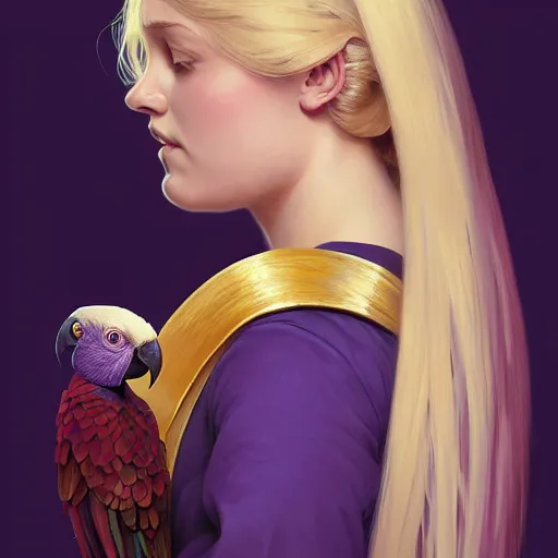 Image similar to portrait of a young blonde girl with a dark purple parrot, upper body, long hair, intricate, elegant, highly detailed, digital painting, artstation, concept art, matte, sharp focus, illustration, art by artgerm and greg rutkowski and alphonse mucha