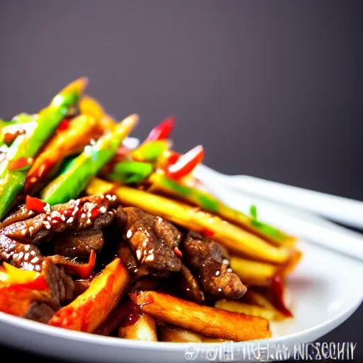 Image similar to dslr food photograph of stir fried beef in dark soy sauce, mixed with tomato wedges and french fries, served with white rice on the side, 8 5 mm f 1. 8