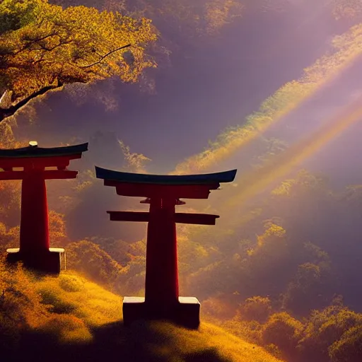 Image similar to Japanese Torii in a moutain , morning , sunshine , by Grzegorz Rutkowski