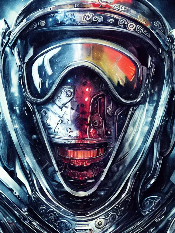 Image similar to portrait art of 8k ultra realistic retro futuristic zombie astronaut , galaxy reflected helmet , detailed intricate ornate armour,blade runner, cybernetic, full of colour, cinematic lighting, battered, trending on artstation, 4k, hyperrealistic, focused, extreme details,unreal engine 5, cinematic, masterpiece, art by ayami kojima, giger