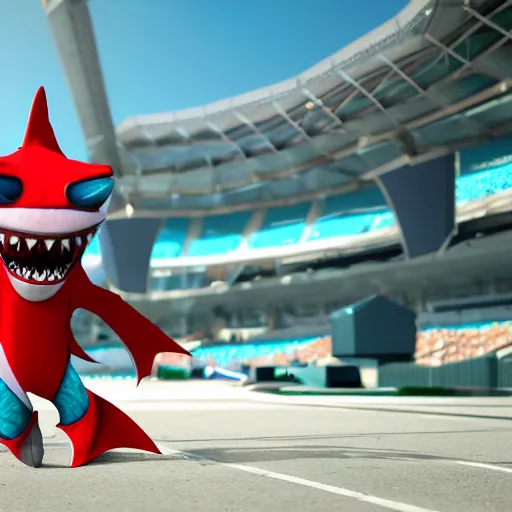 Image similar to Render of a 3D Shark Mascot Costume, with legs and arms, stadium setting, highly detailed, trending on artstation, photorealistic, Unreal Engine 4k