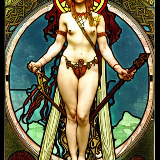 Prompt: female goddess of war holding trident highly detailed features, high quality, transparent glass, toilet paper, portapotty, intricate, stained glass by alphonse mucha