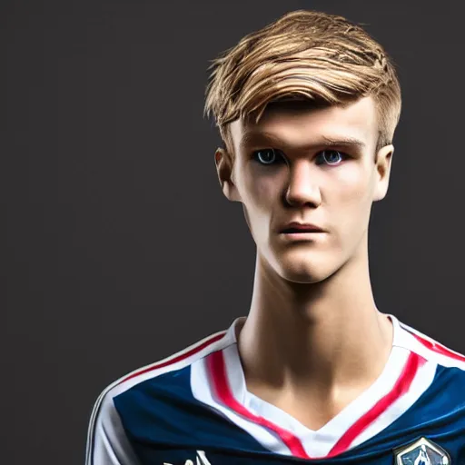 Image similar to a realistic detailed photo of a guy who is an attractive humanoid who is half robot and half humanoid, who is a male android, soccer player martin ødegaard, shiny skin, posing like a statue, blank stare, in a living room, on display