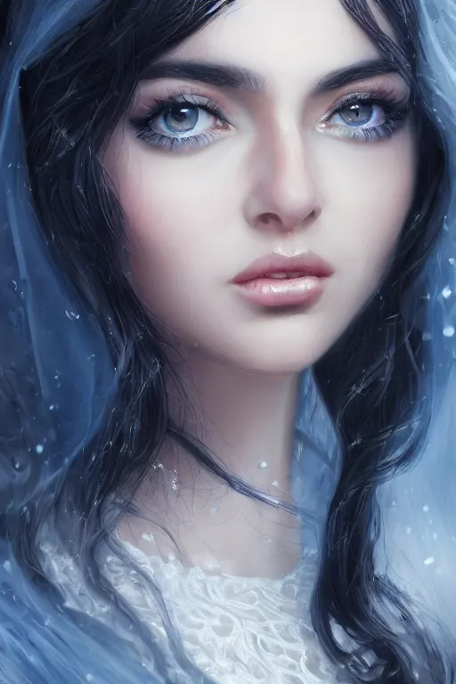 Image similar to Ameera al-Taweel, blue eyes, long wavy black hair, fierce look, white veil, closeup, focus face, elegant, highly detailed, centered, digital painting, artstation, concept art, art by WLOP