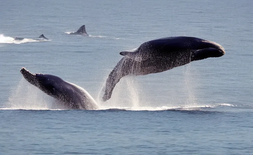 Image similar to whales jumping into sand dunes, photography