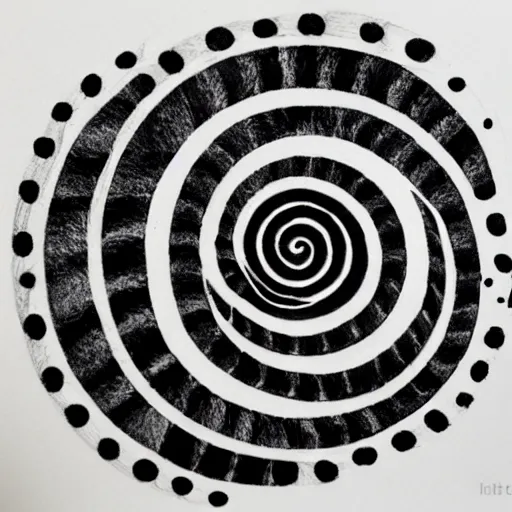 Image similar to a fibonacci spiral in micron black ink, on textured matte paper, studio lighting