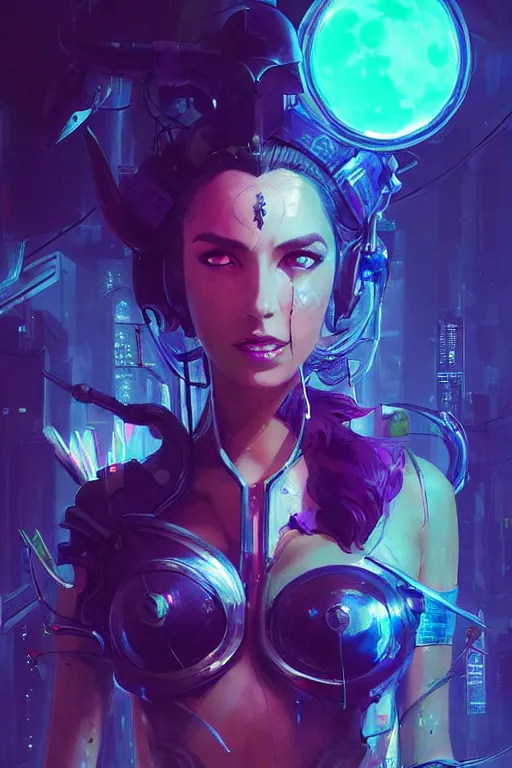 Prompt: diana from league of legends, cyberpunk futuristic neon. moon glowing in background, decorated with traditional japanese ornaments by ismail inceoglu dragan bibin hans thoma greg rutkowski alexandros pyromallis nekro rene maritte illustrated, perfect face, fine details, realistic shaded, fine - face, pretty face, masterpiece