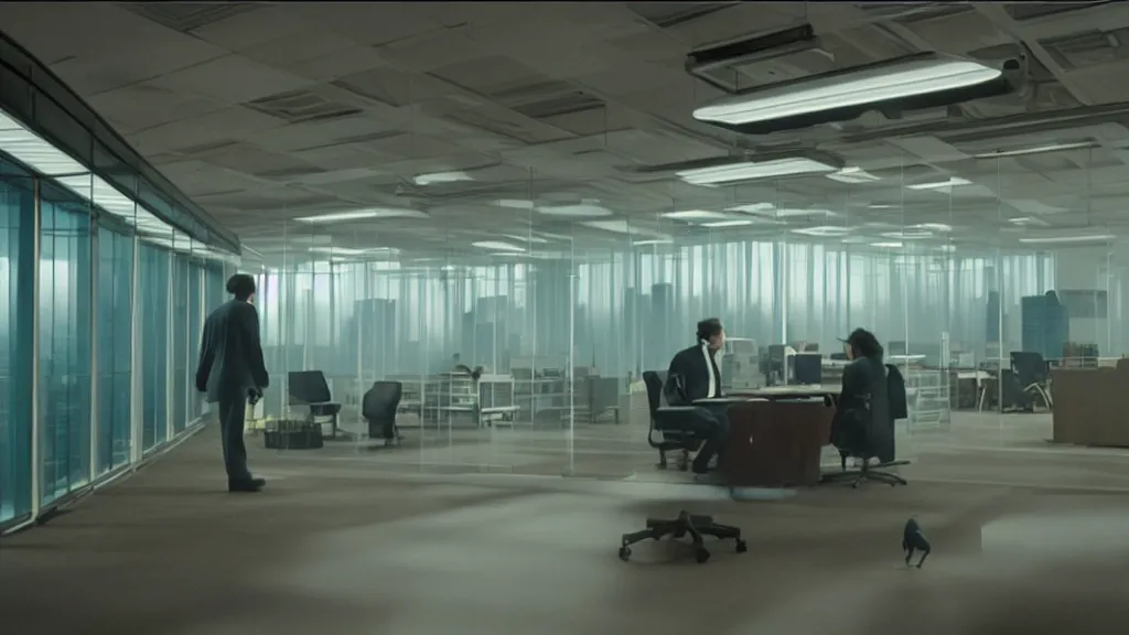 Prompt: the strange creature in the high tech office building, it is glowing, film still from the movie directed by denis villeneuve and david cronenberg with art direction by salvador dali