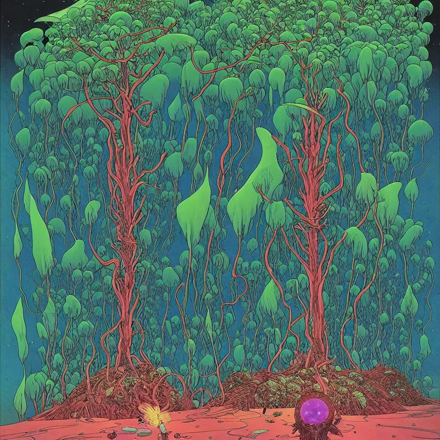 Prompt: ( ( ( strange forest on an unknown planet ) ) ) by mœbius!!!!!!!!!!!!!!!!!!!!!!!!!!!, overdetailed art, colorful, record jacket, warm tones, bioluminescent