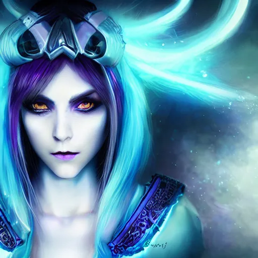 Image similar to Fantasy warlock, character portrait, pretty egirl gaming, blue hair, perfect blue arctic eyes, blue neon style gaming headset, face, very pretty face, cinematic lighting, hyper-detailed, cgsociety, 8k, high resolution, in the style of Charlie Bowater, Tom Bagshaw, single face, symmetrical, headshot photograph, insanely detailed and intricate, beautiful, elegant, cinematic, portrait, Raphaelite, headroom, artstation