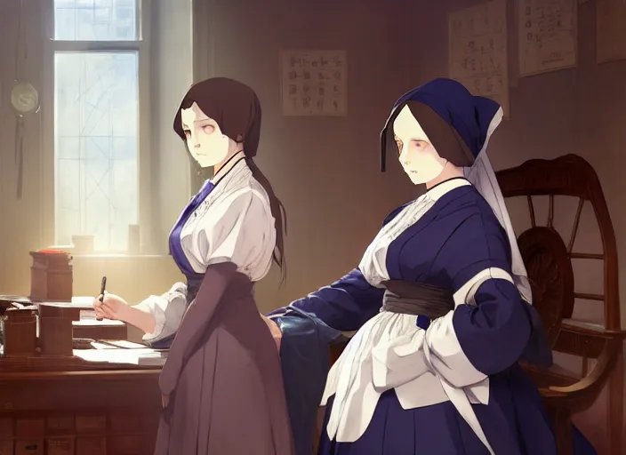 Image similar to london 1 8 5 3, 3 3 year old florence nightingale, running a women's hospital in victorian london, improving the working conditions as well as patient care, finely detailed perfect art, gapmoe yandere grimdark, trending on pixiv fanbox, painted by greg rutkowski makoto shinkai takashi takeuchi studio ghibli