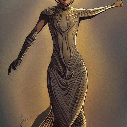 Image similar to ethereal gold and silver tones, dune movie, warrior princess, full body, style of moebius, james jean, mcbess!!!, cinematic, highly detailed, award winning, 8 k photorealistic