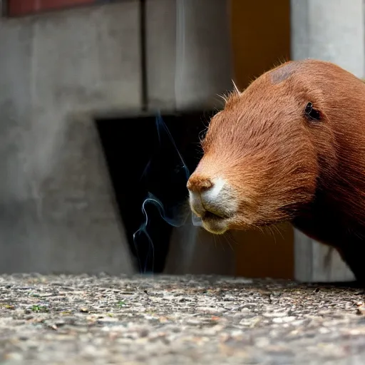 Image similar to smoking cigar, a man wearing a suit capybara head wearing a hat (smoking cigar)