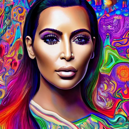 Prompt: amazing beautiful surreal psychedelic hyperdetailed portrait painting of a kim kardashian surrounded by wonderful things. hq. 8 k. trending on artstation
