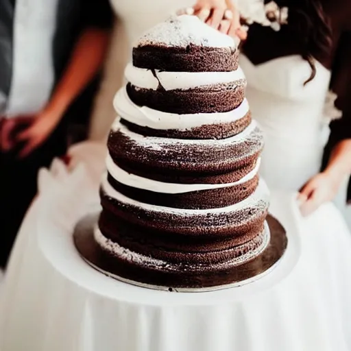 Prompt: a chocolate lava wedding cake spilling it's filling all over the bride's dress trending on TikTok