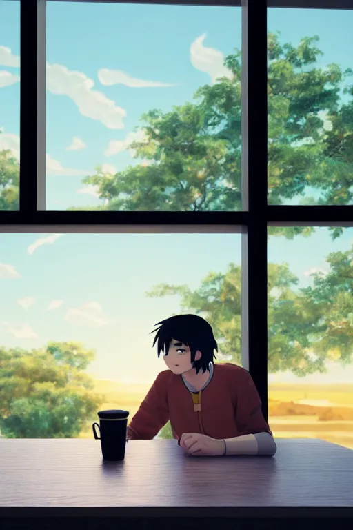 Image similar to a man sitting on a café table mext to a window and holding a cup of coffee at sunset, anime style, Pixar style, black hair, 4K, cartoon, concept art, octane render, unreal engine 5, path tracing, complementary colours, serene scene, warm, cute, natural lighting, high quality, highly detailed, high coherence, defined face, five fingers, anatomically correct, soft lighting
