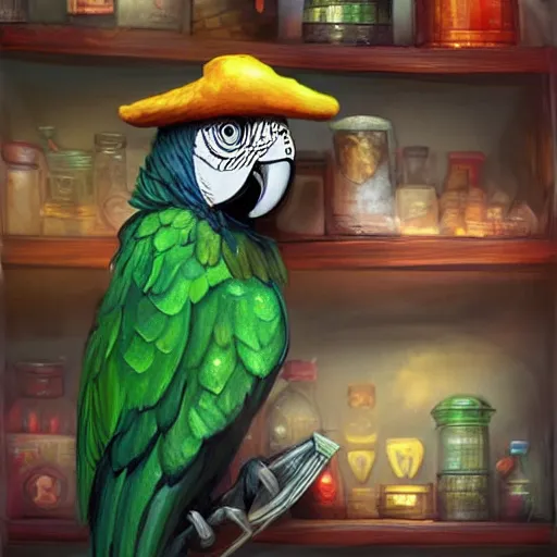 Image similar to Magic the gathering artwork of Anthropomorphized parrot trader in his shop, shelves full, selling a gem, portrait, items, magic potions, carpet, window, fancy funny hat, sly expression , cunning expression, cute expression, presenting magic gem, D&D, fantasy, cinematic lighting, highly detailed, digital painting, artstation, concept art, smooth, sharp focus, illustration, warm light, cozy warm tint, magic the gathering artwork, volumetric lighting, 8k, no gold, no gold colours, art by Akihiko Yoshida and Greg Rutkowski