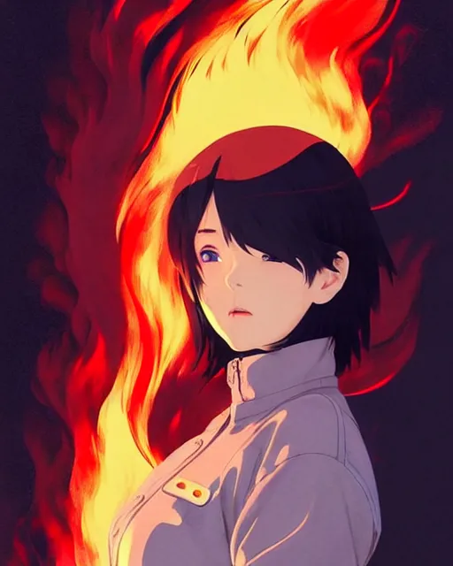 Prompt: fireman, covered in beautiful flames | | very very anime!!!, fine - face, audrey plaza, realistic shaded perfect face, fine details. anime. realistic shaded lighting poster by ilya kuvshinov katsuhiro otomo ghost - in - the - shell, magali villeneuve, artgerm, jeremy lipkin and michael garmash and rob rey