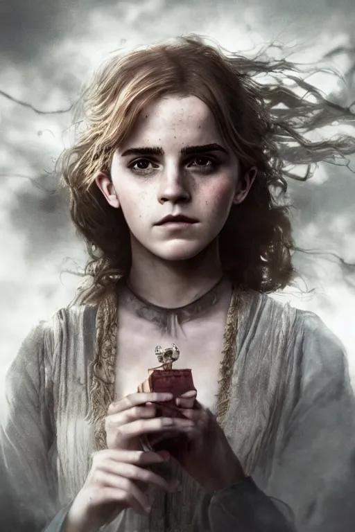 Prompt: a mix of of emma watson, anya taylor - joy and hermione granger, evil sorceress witch, lotr, movie still, hyperrealism, octane render, extremely detailed, intricate smoke magic, lace, style of mark ryden, earl nore, hyung tae, frank frazetta